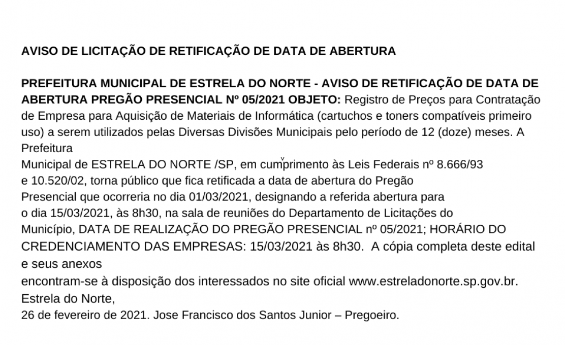 Aviso de licitação de retificação  de data de abertura Prefeitura Municipal de Es...